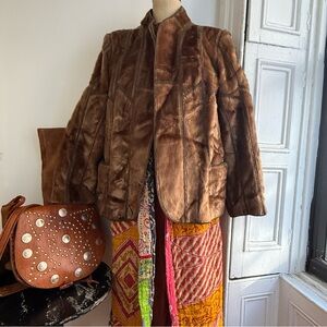 Vintage Patchwork Crochet Fur Coat Brown Crop Shearling Jacket Boho Outerwear